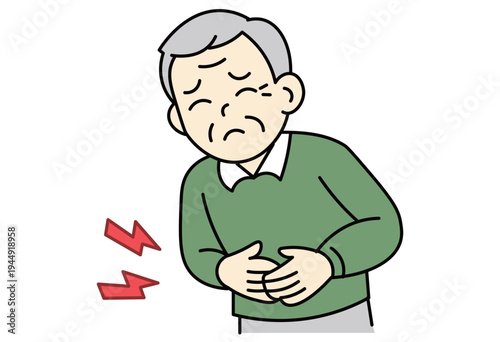 Senior man suffering from stomach pain and abdominal discomfort in healthcare concept illustration
