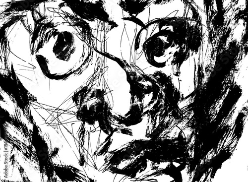 Hand-drawn ink and pen drawing of a wide-eyed face with expressive brushstrokes