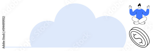 Digital finance, mindfulness, cloud storage, remote work, financial savings, online services. A meditating person floats near a coin and cloud graphic. Digital finance and mindfulness visualization