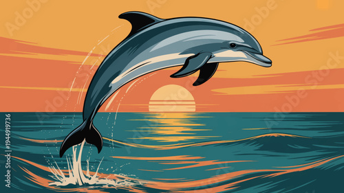 Dolphin jumping out of ocean water at sunset with vibrant orange sky and calm sea waves
