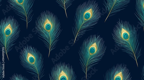 Seamless decorative pattern featuring stylized peacock feathers in vibrant colors on a dark blue background, ideal for textiles and wallpapers