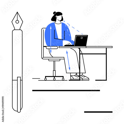 Ergonomics concept. Ergonomics focuses on workplace safety and efficient design. Ergonomics promotes healthy posture and effective workflows. For offices, education, freelance work, design