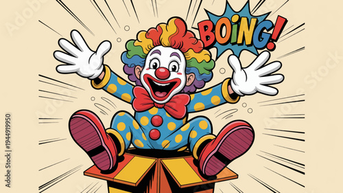 Colorful cartoon clown jumping out of box with boing speech bubble expressing joy and surprise in a playful scene