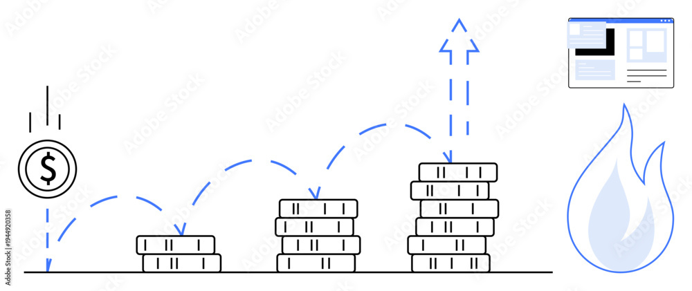 Fototapeta premium Financial growth, investment strategies, risk management, business planning, market opportunity, economic progress. Coin stacks with arrows pointing upward, coin drop flame and chart. Financial