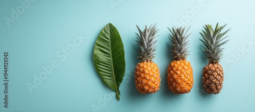 Pineapples and Leaf on Blue Background.