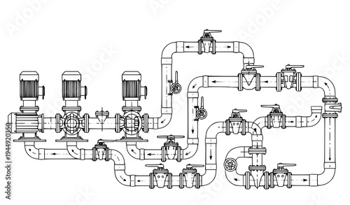 Industrial water pump system with pipes vector illustration