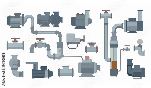 Water pump and pipe system technical line vector