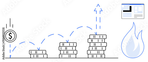 Financial growth, investment strategies, risk management, business planning, market opportunity, economic progress. Coin stacks with arrows pointing upward, coin drop flame and chart. Financial