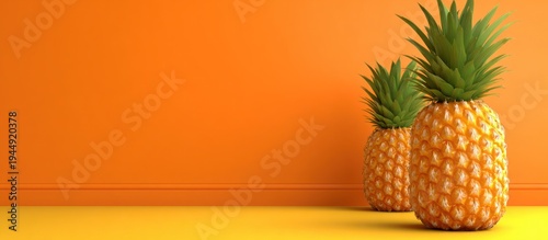 Pineapples on a yellow surface and orange wall.