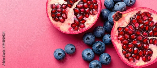 Pomegranate and Blueberries on Pink Background.