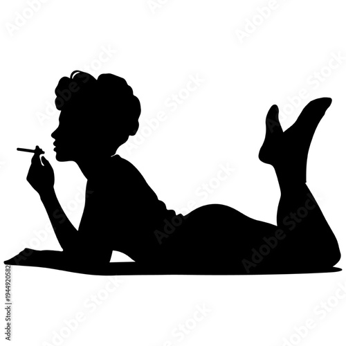 Silhouette of a woman lying down and smoking, vintage pin-up style black vector for noir and classic lifestyle concepts
