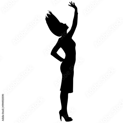 Silhouette of a woman in high heels reaching up, black vector for singing, dancing, and stage performance concepts