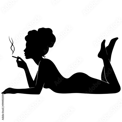 Silhouette of a woman lying down and smoking, vintage pin-up style black vector for noir and classic lifestyle concepts