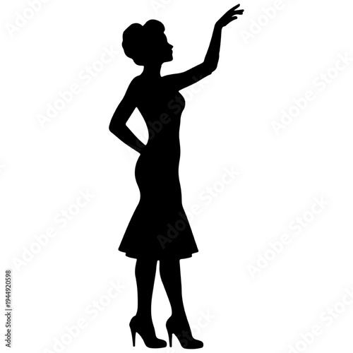 Silhouette of a woman in high heels reaching up, black vector for singing, dancing, and stage performance concepts