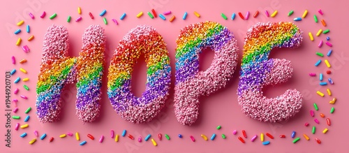 Rainbow Hopeful Lettering on Pink Background.