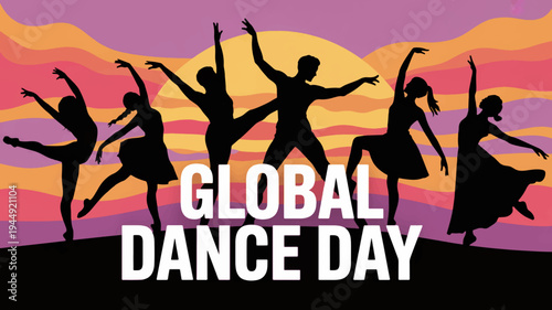 Silhouette of diverse dancers celebrating global dance day at sunset with vibrant colors