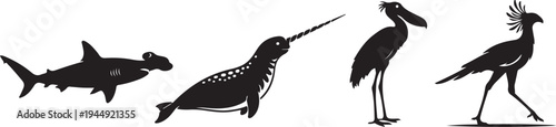lack silhouette collection of exotic animals including hammerhead shark, narwhal whale, shoebill stork, and secretary bird, minimalist vector set isolated on white.