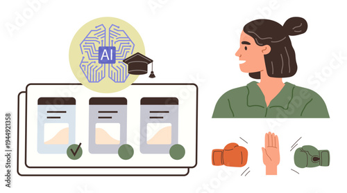Artificial intelligence, education, decision-making, learning technology, conflict resolution, human interaction. A woman observes AI-themed graphics and icons. AI education and decision-making