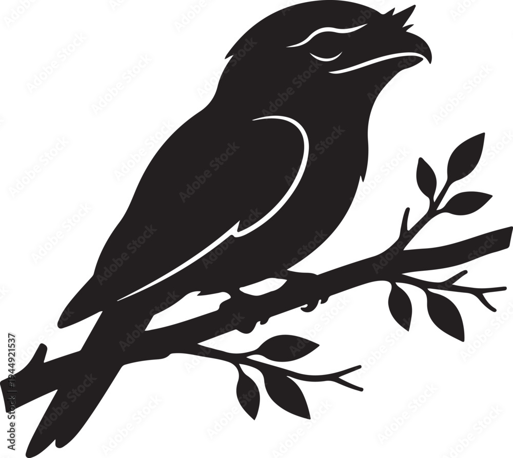 Obraz premium Black Silhouette of a Bird Perched on a Tree Branch with Leaves, Minimalist Avian Vector Illustration for Logos and Design.eps