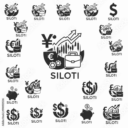 Numerous solid black logomarks feature currency symbols, briefcases, charts, and the fictional brand name SILOTI for financial services promotion.
