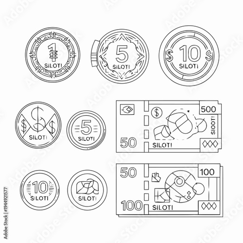 Various denominations of fictional Siloti currency are displayed, showing both coins and paper banknotes for financial concepts.