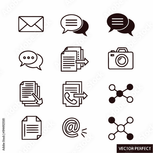 A compilation of communication and document management line icons features envelopes, chat bubbles, file transfers, and network connection nodes.