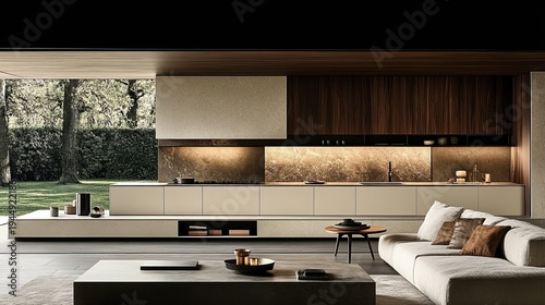 Spacious, sunlit open-plan kitchen and living area with neutral tones and warm wooden cabinetry