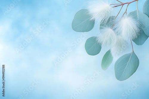 Soft Green Leaves with Delicate White Fluffy Blossoms Against a Dreamy Blue Background