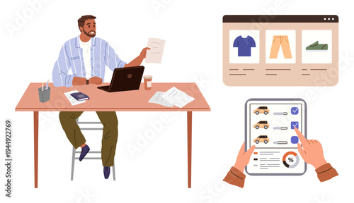 Online shopping, e-commerce, remote work, product management, business planning, technology usage. Man working with papers and laptop. E-commerce and online shopping