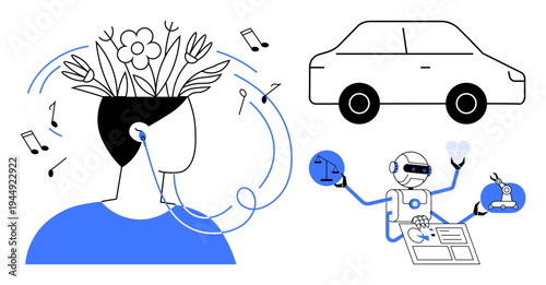 Mental wellness, robotics, artificial intelligence, creativity, green technology, transportation. Person with plants and music notes. Mental wellness and robotics concept