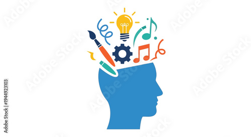 Creative thinking concept a human head silhouette filled with ideas and symbols