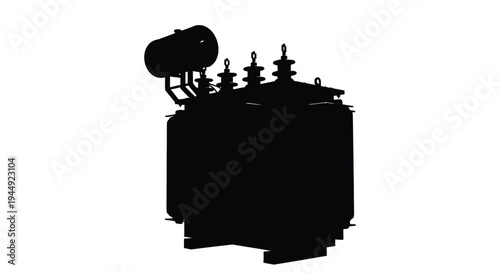 Silhouette of a large electrical transformer against a stark white background