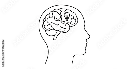 A line drawing depicts a human head in profile with a brain and lightbulb