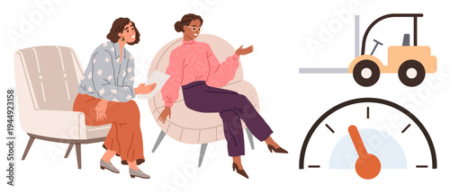 Business communication, teamwork efficiency, work-life balance, logistics operations, productivity tools, industrial planning. Two women having a conversation. Business communication and logistics