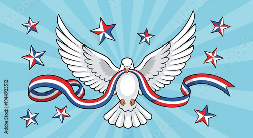 White Dove with Ribbon Flying Freely.