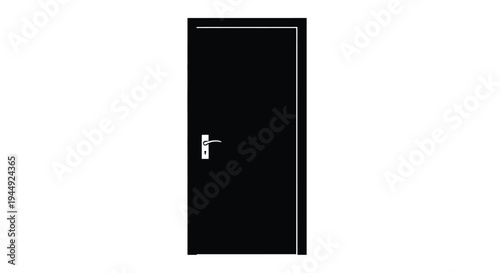 A minimalist depiction of a black door with a silver handle on a white background