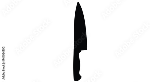 A stark silhouette of a chef s knife against a plain white background