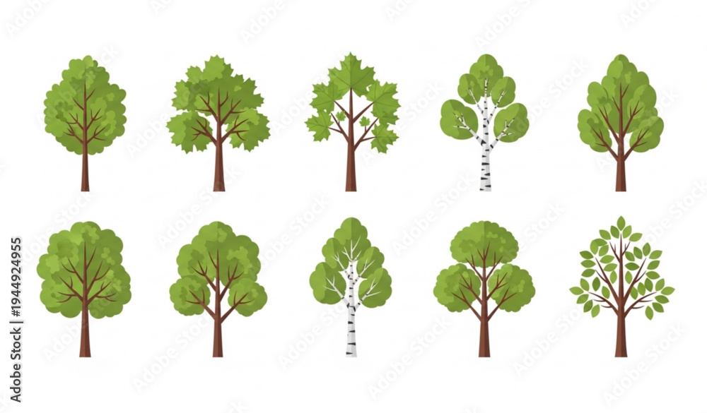 Obraz premium Collection of Green Deciduous Trees Vector Illustration Set Isolated on White Background