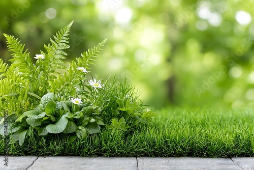 Lush Green Plants with Ferns and Wildflowers in Natural Outdoor Setting on Bright Day