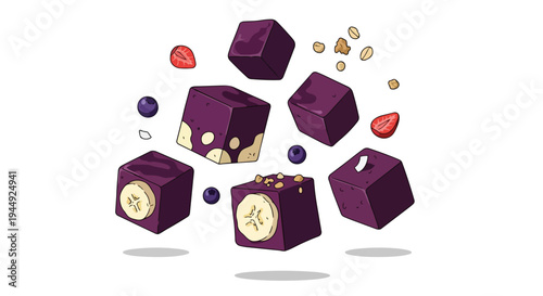 Floating Acai Berry Smoothie Cubes with Fresh Fruit and Granola Toppings