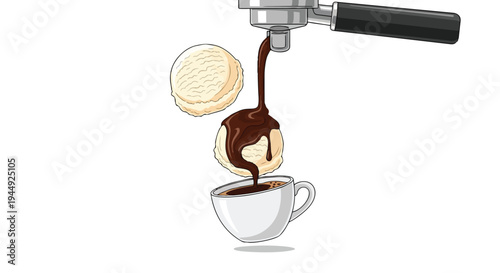 Affogato Coffee Preparation with Espresso Pouring Over Vanilla Ice Cream Scoop