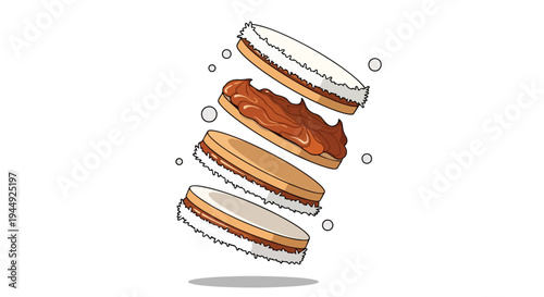 Exploded View Illustration of Alfajor Cookie with Dulce de Leche and Coconut