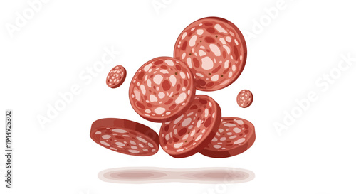 Floating Slices of Delicious Salami Sausage Isolated on White Background