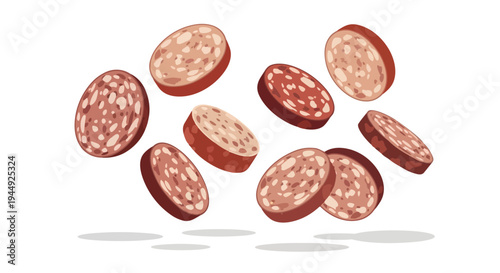 Flying Salami Sausage Slices Isolated on White Background