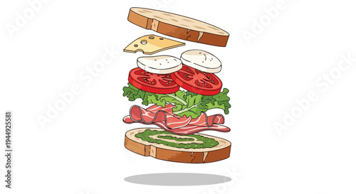 Floating Sandwich Ingredients Illustration with Bread Cheese Tomato Meat and Greens