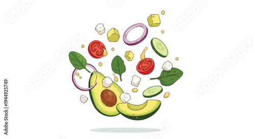 Fresh Salad Ingredients Floating with Avocado and Vegetables Illustration