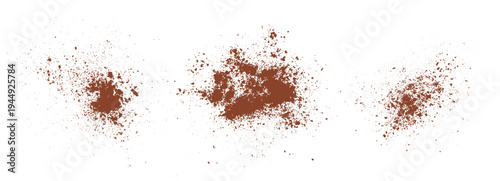Top view set of brown powder spills isolated on white background. Cinnamon, coffee or chocolate dust splatter textures for food design and grunge overlays