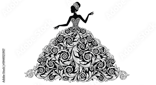 Black and white vector illustration of woman in floral ball gown