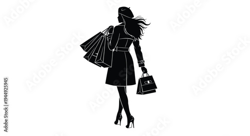 Vector silhouette of woman with shopping bags