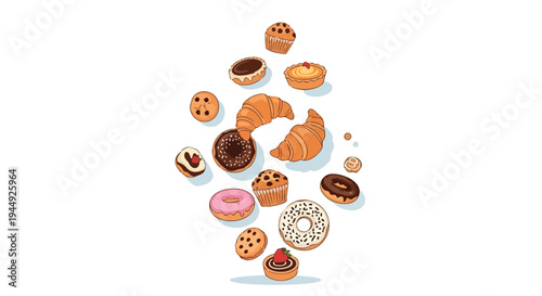Assorted Sweet Bakery Items and Pastries Flying on White Background